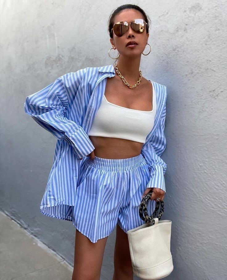 Ριγέ σετ oversized πουκάμισο με σορτς