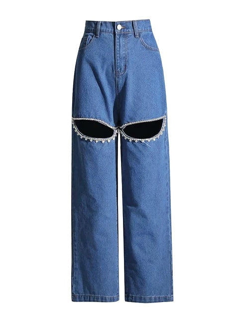 Cut out jeans crystal slit jeans τζιν με στρας τζιν με κοψίματα και στρας τζιν ψηλομεσο μπλε τζιν με στρας