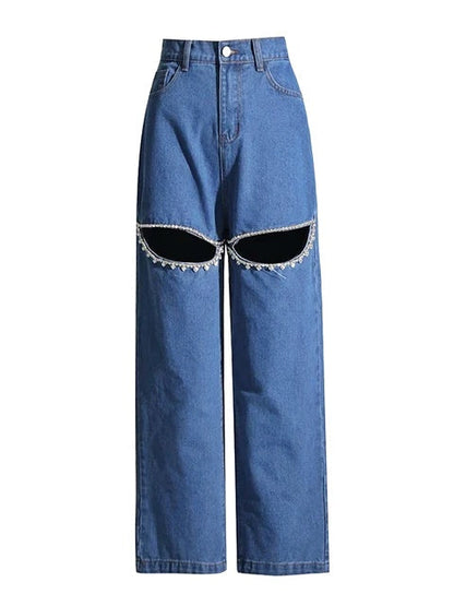 Cut out jeans crystal slit jeans τζιν με στρας τζιν με κοψίματα και στρας τζιν ψηλομεσο μπλε τζιν με στρας
