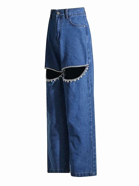 Cut out jeans crystal slit jeans τζιν με στρας τζιν με κοψίματα και στρας τζιν ψηλομεσο μπλε τζιν με στρας