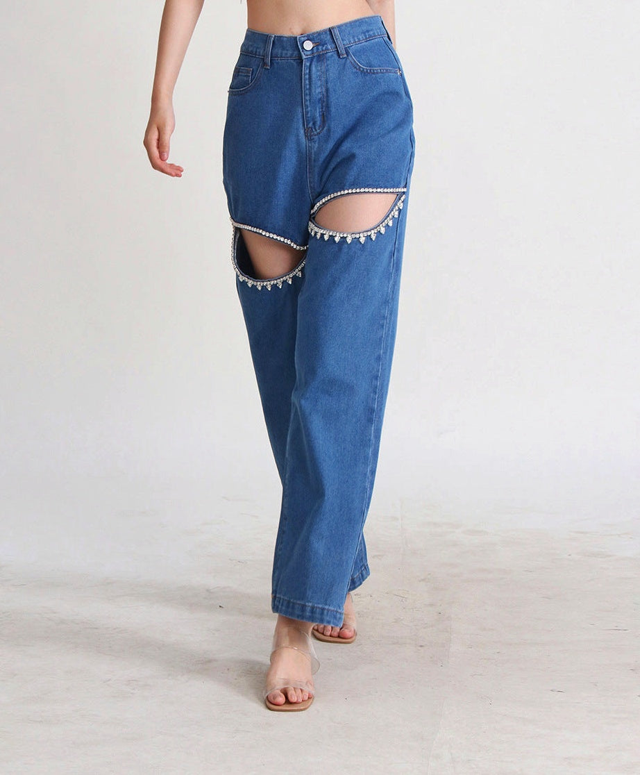 Cut out jeans crystal slit jeans τζιν με στρας τζιν με κοψίματα και στρας τζιν ψηλομεσο μπλε τζιν με στρας