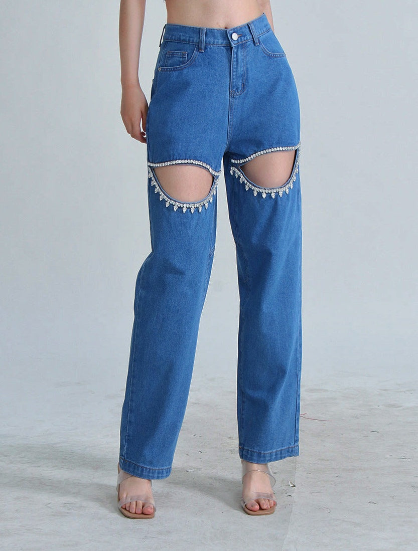 Cut out jeans crystal slit jeans τζιν με στρας τζιν με κοψίματα και στρας τζιν ψηλομεσο μπλε τζιν με στρας