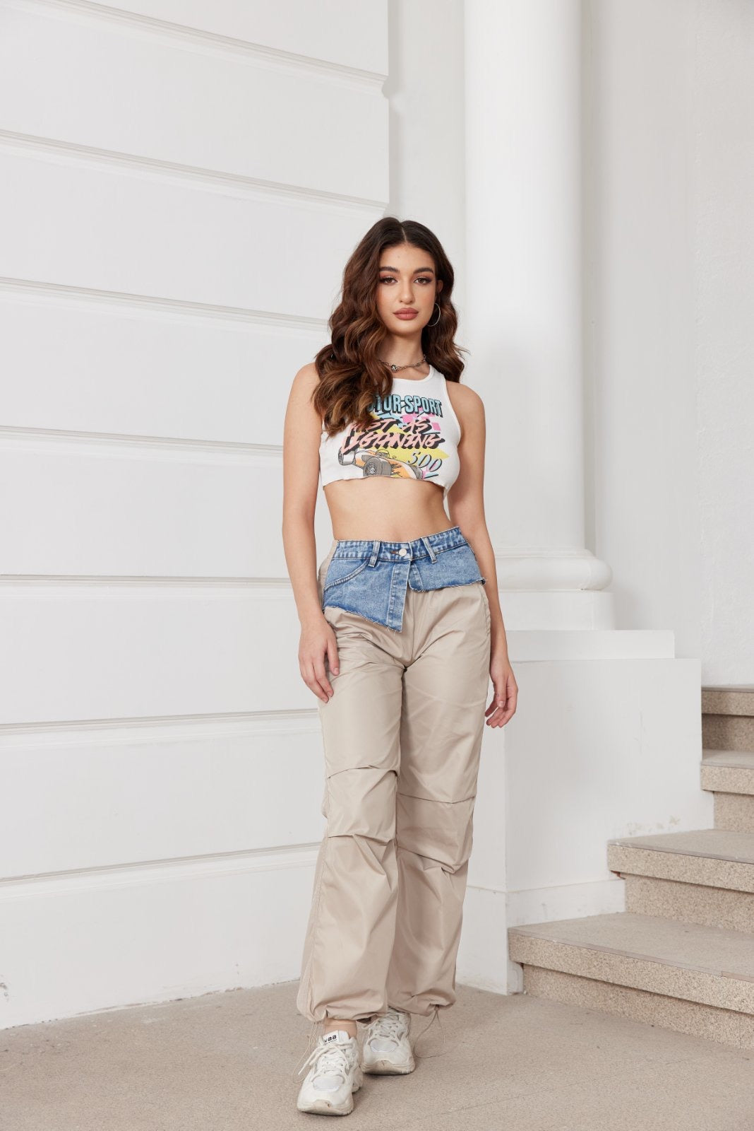 Παντελόνι ψηλόμεσο parachute με denim ζώνη
