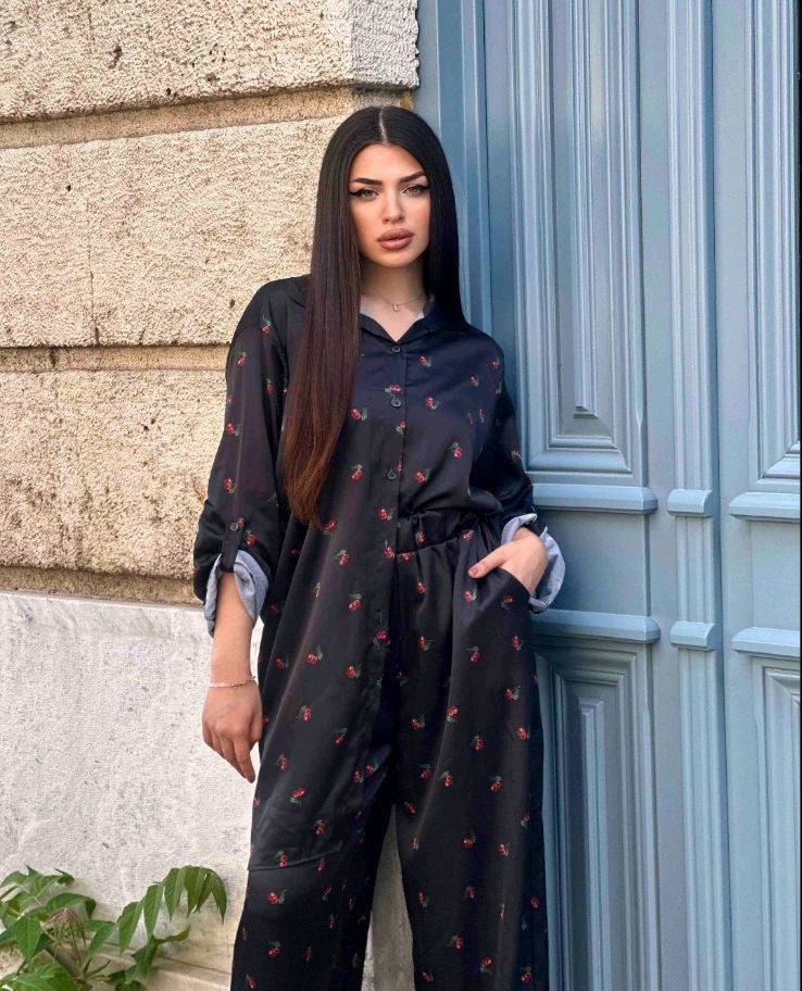 Σατέν oversized σετ με κεράσια