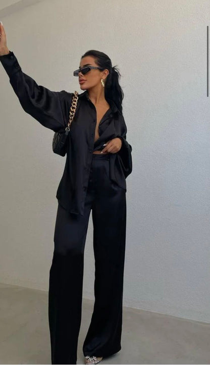 Σετ σατέν oversized με πουκάμισο και παντελόνα