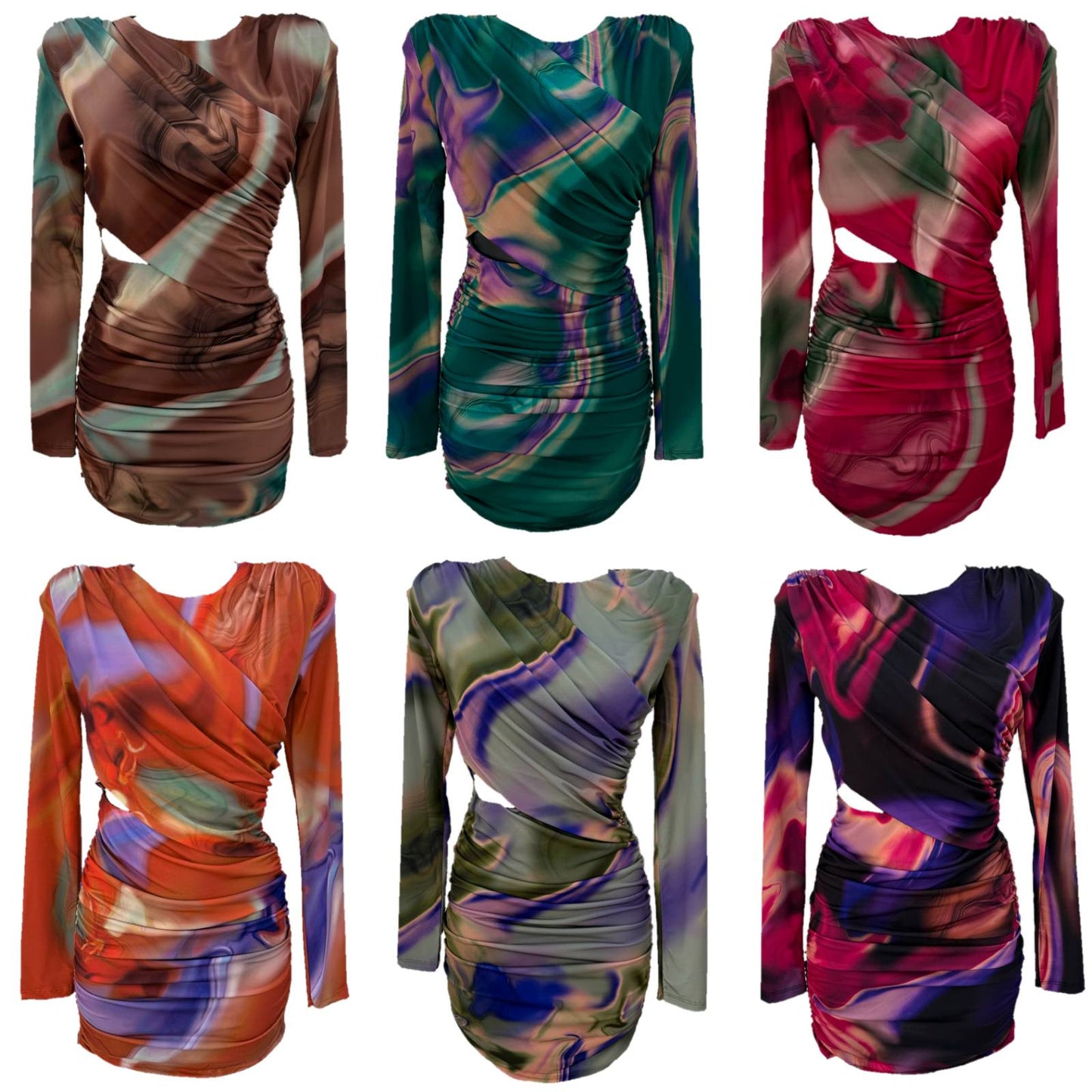 Φόρεμα εμπριμέ με tie dye σχέδιο σε έξι αποχρώσεις.Διαθέτει μακρύ μανίκι, έχει μινι μάκρος και άνοιγμα στην κοιλιά.

 Διαθέτει βάτες και σουρες σε ολο το μήκος τπυ που κολακεύουν τέλεια κάθε σωματότυπο.

 Διαθέσιμο σε ένα μέγεθος one size που καλύπτει xs s m l. 


